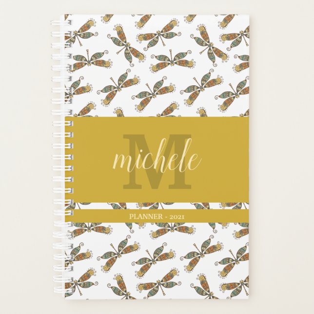 Stylish Dragonfly Pattern Monogrammed Planner (Front)