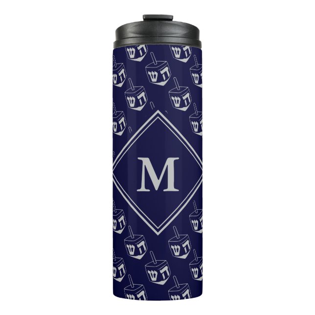 Stylish DREIDEL Monogram Blue Grey Thermal Tumbler (Front)