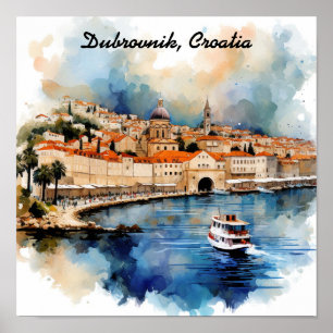 Stylish Dubrovnik Croatia Watercolor Painting Poster