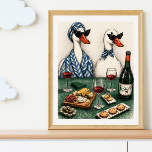 Stylish Duck Couple   Wine And Cheese Art Poster