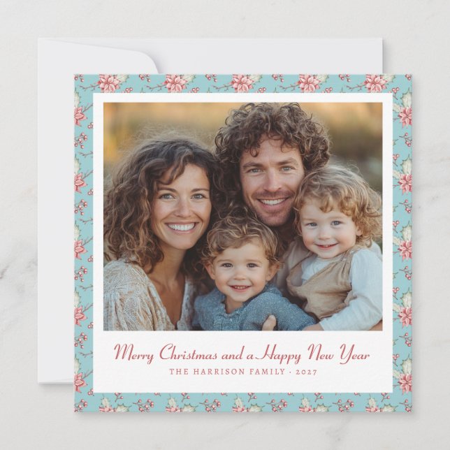 Stylish Duck Egg Blue and Pink Holly Photo  Holiday Card (Front)