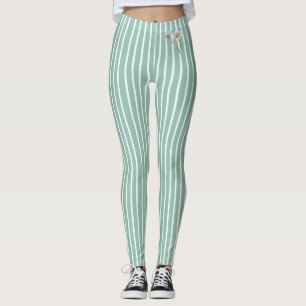 Stylish Duck Egg Blue Striped Watercolor Daisy  Leggings