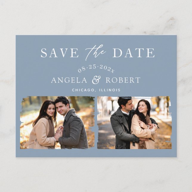 Stylish Dusty Blue 2 Photo Save the Date Postcard (Front)