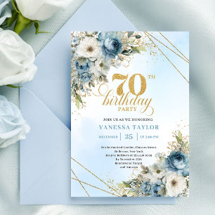 Stylish dusty blue eucalyptus gold 70th birthday invitation