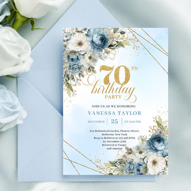 Stylish dusty blue eucalyptus gold 70th birthday  invitation (Stylish dusty blue eucalyptus gold 70th birthday invite

)
