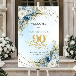 Stylish dusty blue eucalyptus gold 90th birthday   poster