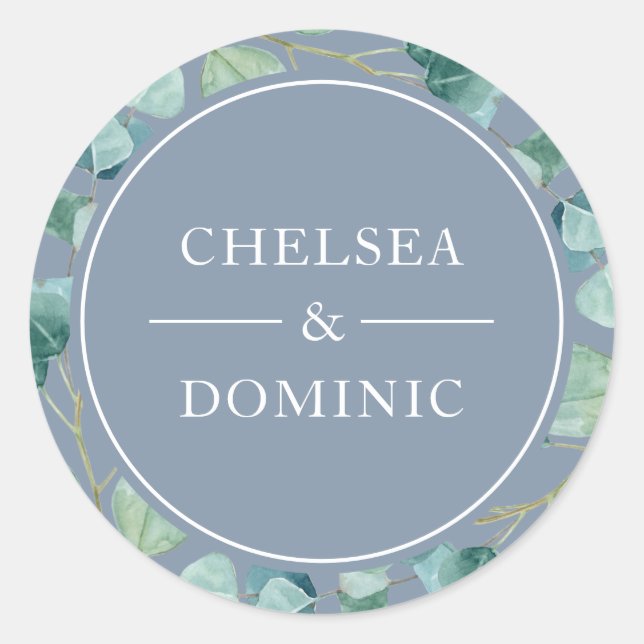Stylish Dusty Blue Eucalyptus Wedding Label (Front)