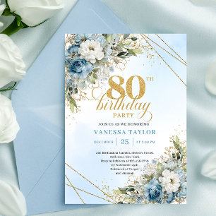 Stylish Dusty Blue Floral Gold 80th Birthday Invit Invitation