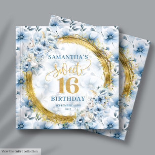 Stylish Dusty Blue Floral Gold Sweet 16 Guest Book