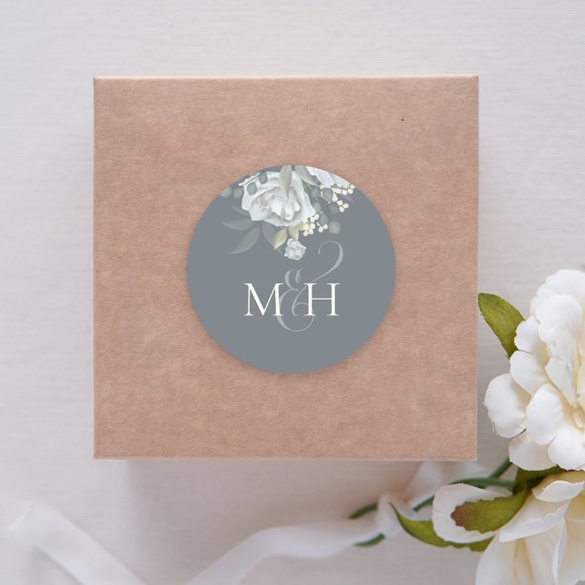 Stylish Dusty Blue Floral Simple Monogram Flower Classic Round Sticker (Creator Uploaded)