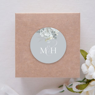 Stylish Dusty Blue Floral Simple Monogram Flower Classic Round Sticker