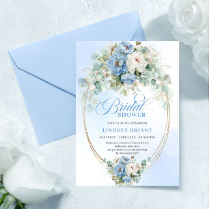 Stylish Dusty Blue Flowers Greenery Bridal Shower Invitation