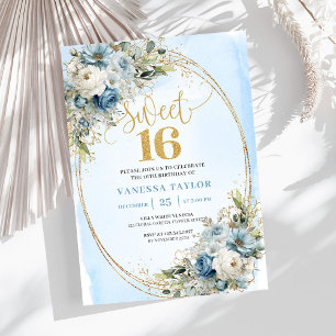 Stylish Dusty Blue Greenery Sweet Sixteen Invite 