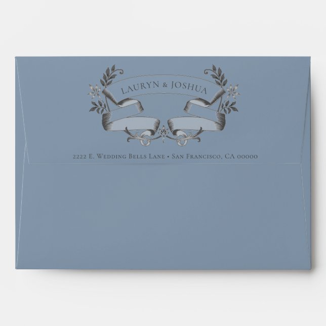 Stylish Dusty Blue Grey Text Wedding Envelope (Back (Top Flap))