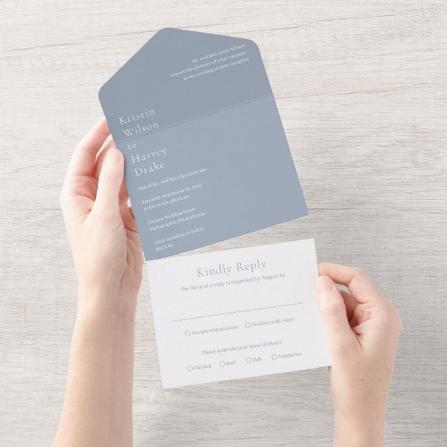 Stylish Dusty Blue Modern Wedding All In One Invitation (Tearaway)