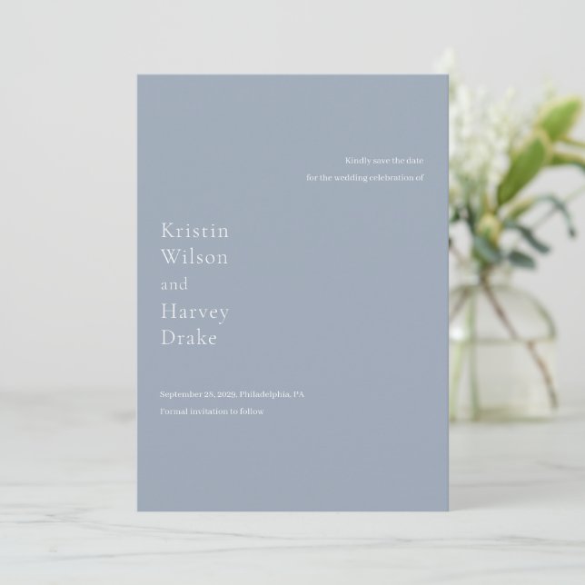 Stylish Dusty Blue Modern Wedding Save The Date (Standing Front)
