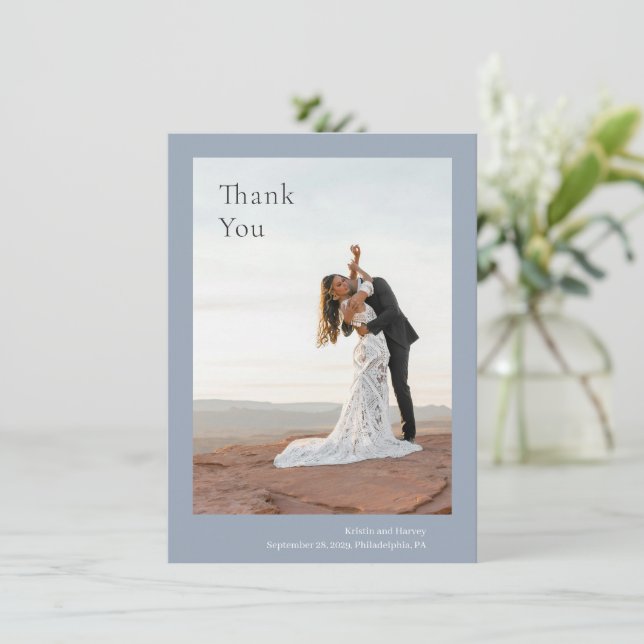 Stylish Dusty Blue Modern Wedding Thank You Card (Standing Front)