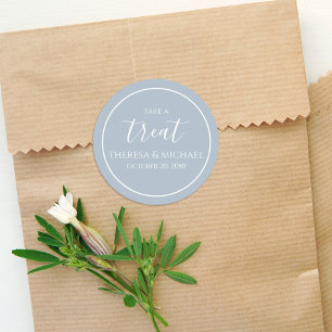 Stylish Dusty Blue Simple Take A Treat Calligraphy Classic Round Sticker