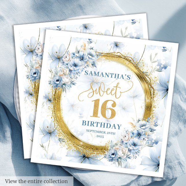 Stylish Dusty Blue Sweet 16 Gold Glitter Napkin   (Stylish Dusty Blue Sweet 16 Gold Glitter Napkin Decor)