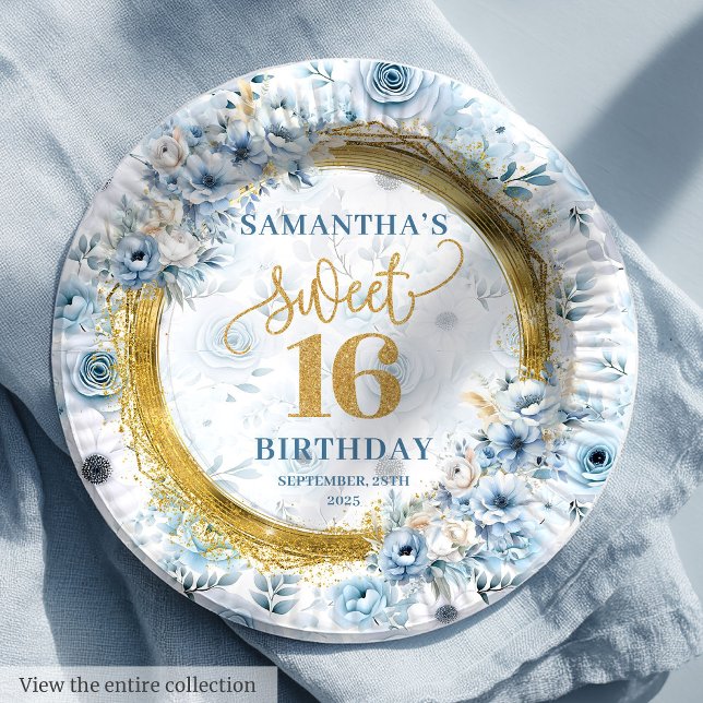 Stylish Dusty Blue Sweet 16 Gold Glitter Plates (Stylish Dusty Blue Sweet 16 Gold Glitter Plate Decor)