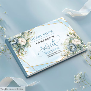 Stylish Dusty Blue White Floral Sweet Sixteen 16 Guest Book