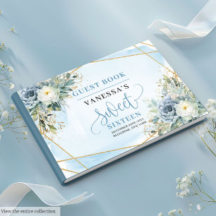 Stylish Dusty Blue White Floral Sweet Sixteen Guest Book