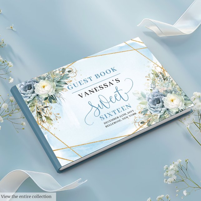 Stylish Dusty Blue White Floral Sweet Sixteen Guest Book (Stylish Dusty Blue White Floral Sweet 16 Guest Book)