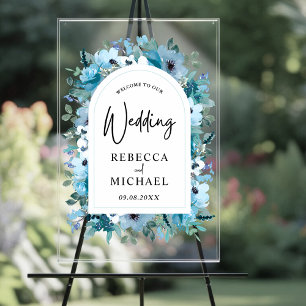 Stylish dusty blue white flowers wedding welcome acrylic sign