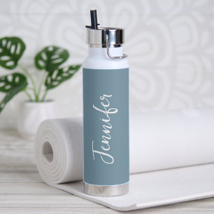 Stylish Dusty Blue White Script Womens Water Bottle