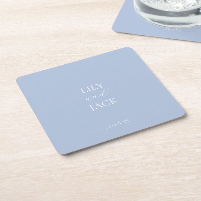 Stylish Dusty Blue & White Wedding Paper Coaster (Angled)