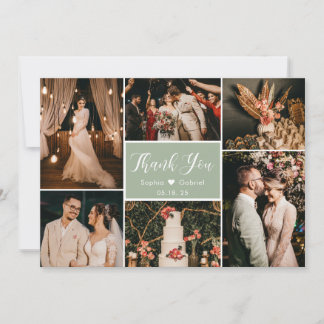 Stylish Dusty Green 6 Photo Collage Wedding Thank You Card