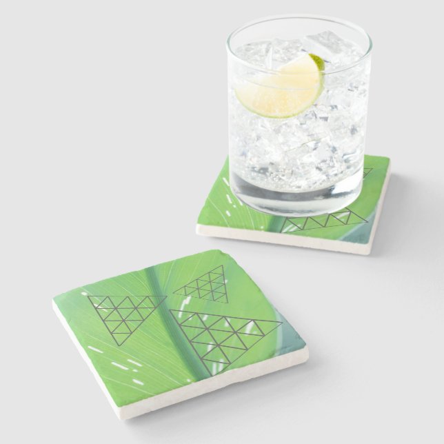 Stylish Earth Green Plant Leaf Triangle Pyramid Stone Coaster (Side)