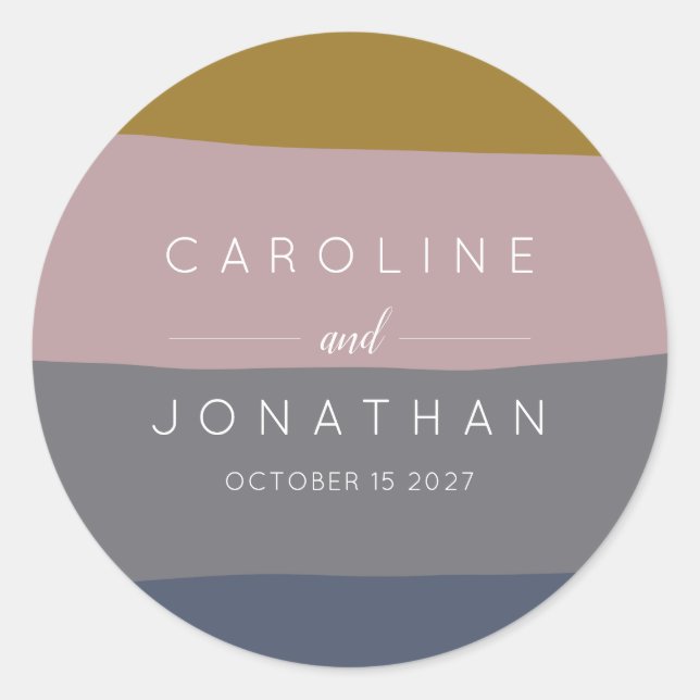 Stylish Earthy Mauve Blue Stripes Custom Wedding Classic Round Sticker (Front)