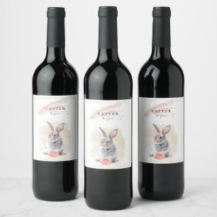 Stylish Easter Bunny   Happy Easter Watercolor Art Wine Label