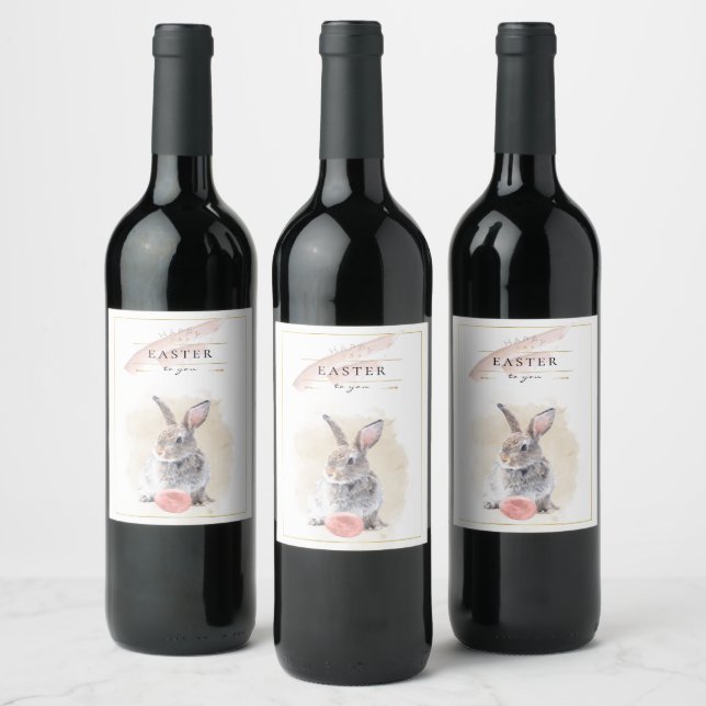Stylish Easter Bunny | Happy Easter Watercolor Art Wine Label (Bottles)