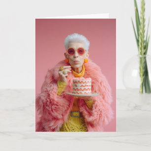 Stylish Elderly Woman Eating Cake in Pink Fashion  Card