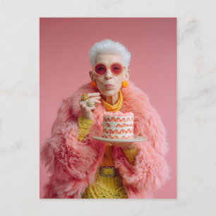 Stylish Elderly Woman Eating Cake in Pink Fashion Postcard