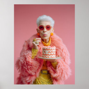 Stylish Elderly Woman Eating Cake in Pink Fashion Poster
