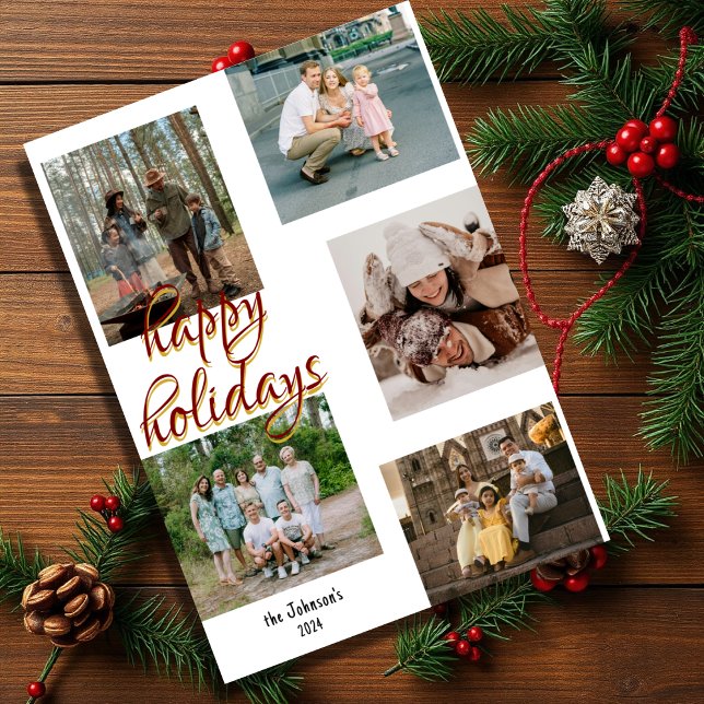 Stylish Elegant 5 photo collage Christmas Happy Holiday Card (Creator Uploaded)