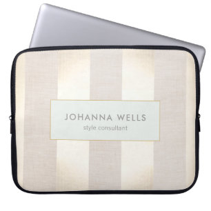 Stylish Elegant Beige Linen and Gold Striped Laptop Sleeve