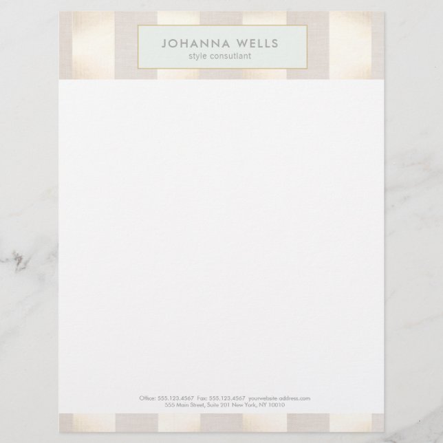 Stylish Elegant Beige Linen and Gold Striped Letterhead (Front)