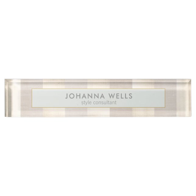 Stylish Elegant Beige Linen and Gold Striped Nameplate (Front)