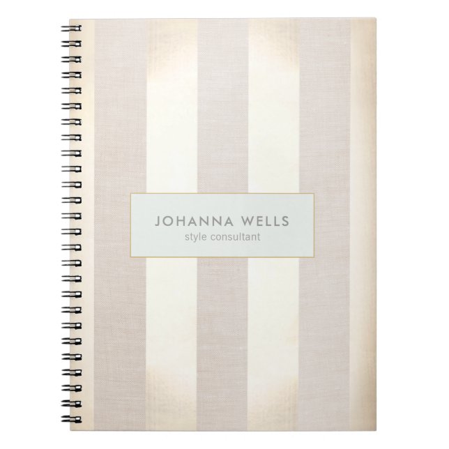 Stylish Elegant Beige Linen and Gold Striped Notebook (Front)
