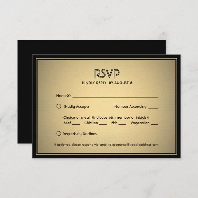 Stylish Elegant Black and Gold with Meal Options RSVP Card (Front/Back)