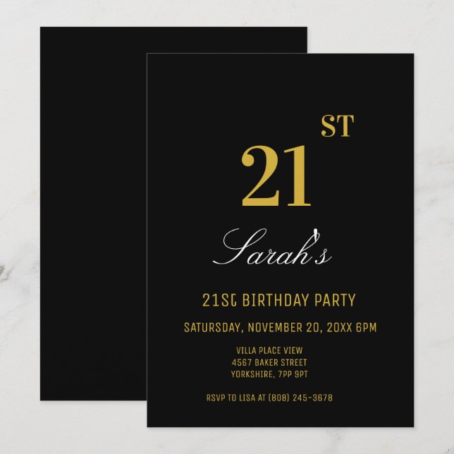 Stylish Elegant Black & Gold 21st Birthday Party  Invitation (Front/Back)