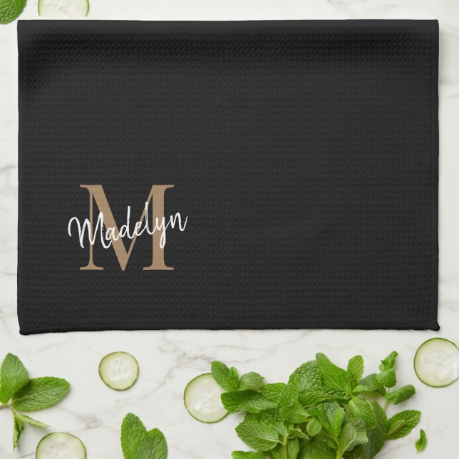 Stylish Elegant Black Gold Monogram Script Name Tea Towel (Folded)
