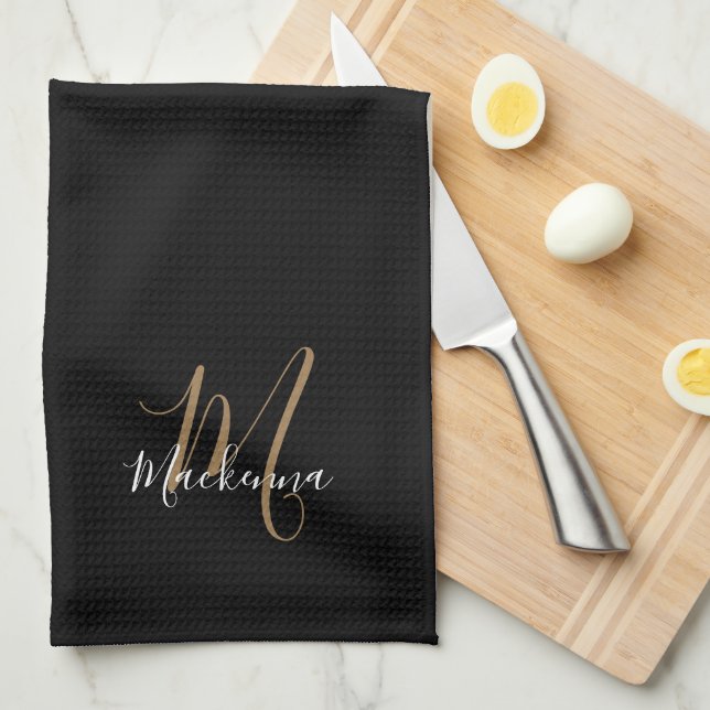 Stylish Elegant Black Gold Script Name Monogram Tea Towel (Quarter Fold)