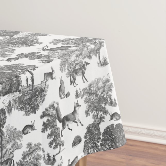 Stylish Elegant Black Whit French Toile Fox Rabbit Tablecloth (In Situ)