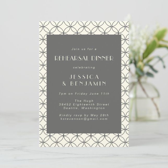 Stylish Elegant Black White Lines Rehearsal Dinner Invitation (Standing Front)