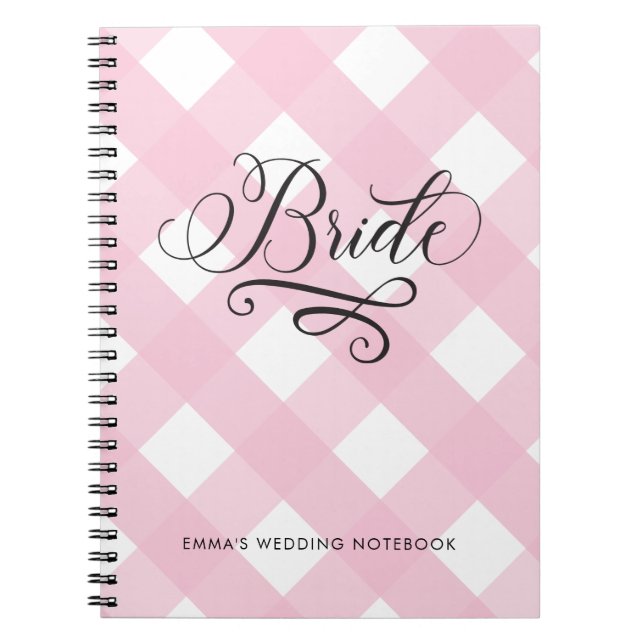 Stylish Elegant Blush Pink Gingham Wedding Bride Notebook (Front)